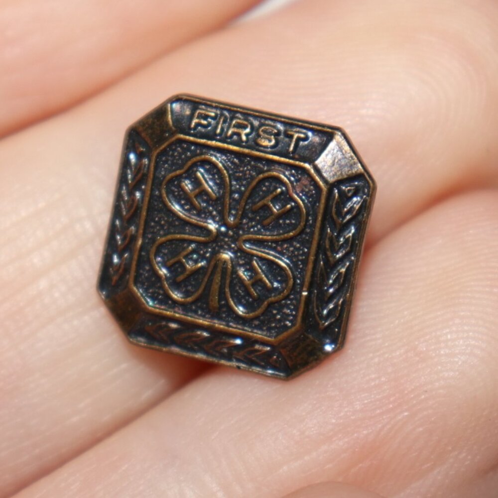 🌾🧡 Vintage Square Copper 4H Lapel Pin · “First” · 0.5" Tall · rustic agricul